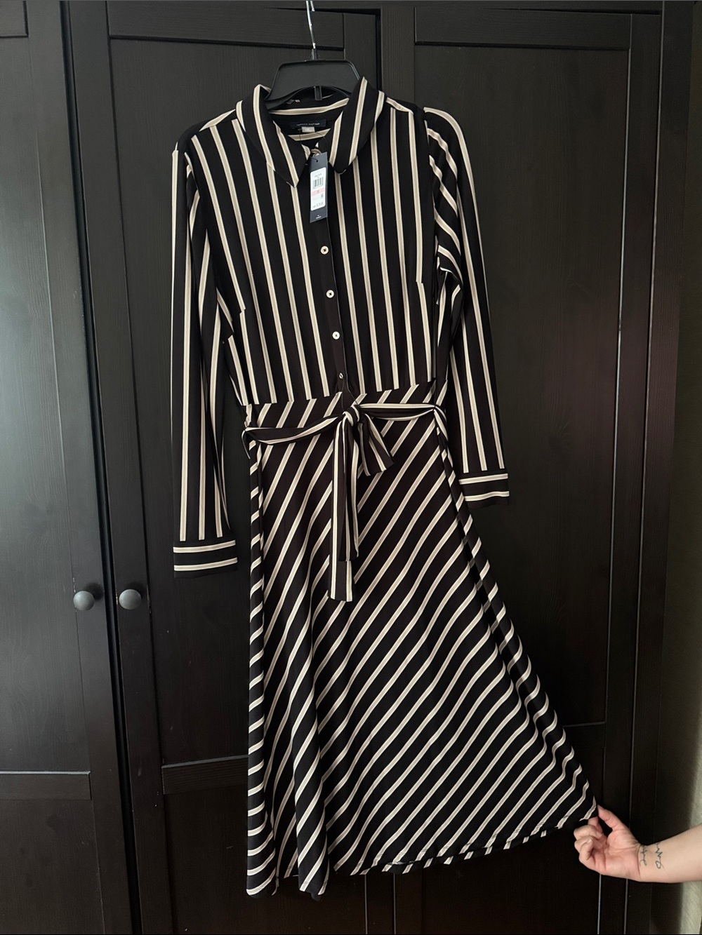 Tommy Hilfiger Black and Cream Striped Long Sleeve Shirt Dress with Tie Waist